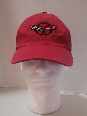 Cap Hat CORVETTE Red Chevy Leather Strap Brushed Cotton Twill